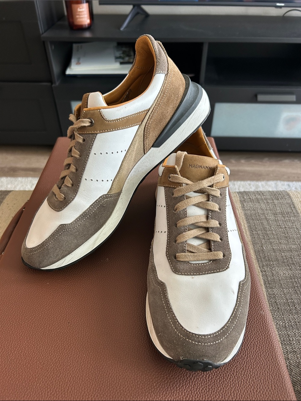 Magnanni Men’s Taupe, Beige & White Leather Suede Sneakers